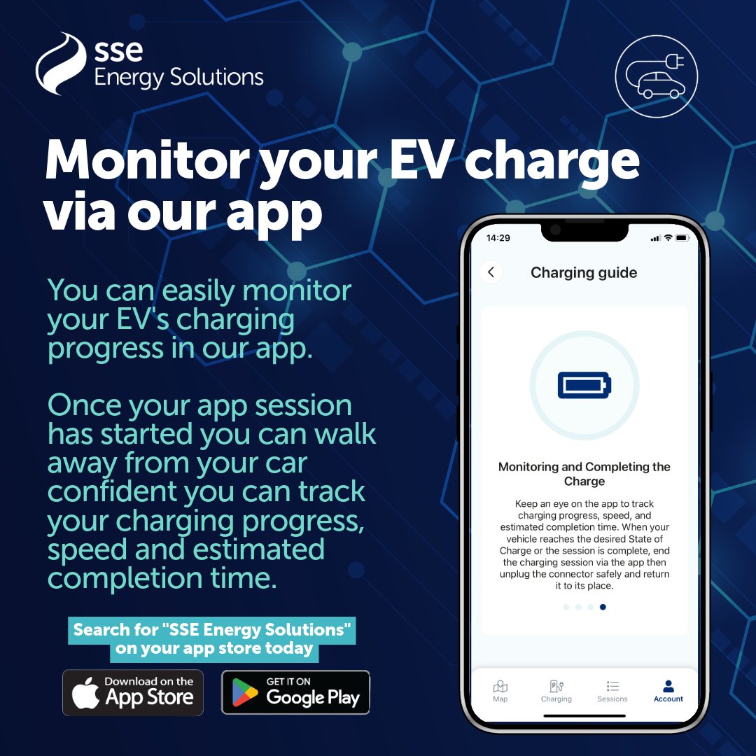We have made some changes to our app.  You can monitor your charging sessions from the app.  Download or update our app today! #EVChargingHubs #SSE #EVChargingMadeEasy