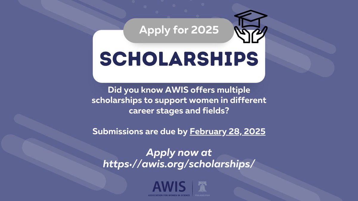 AWISPHL's tweet image. This is a reminder to apply for the scholarships offered by AWIS!
The 2025 AWIS scholarship cycle is offering over $25,000 in awards. Applications close February 28.
To learn more, visit: awis.org/scholarships/