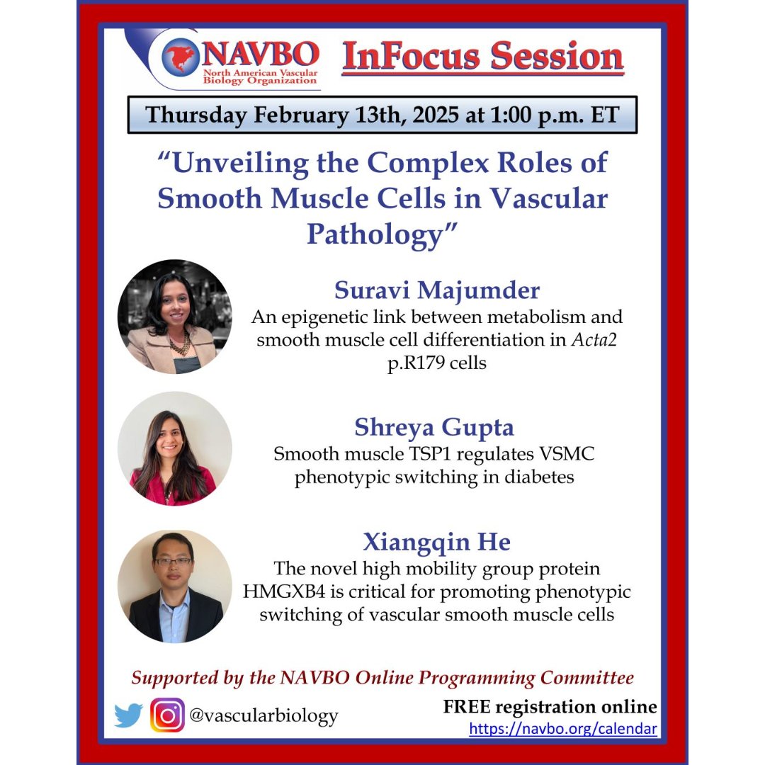 Please join us for the next <a href="/vascularbiology/">NAVBO</a> #InFocus session TOMORROW Thursday February 13 @ 1pm ET! This event is organized by the NAVBO Online Programming Committee and moderated by Abhijnan Chattopadhyay <a href="/abhijnan/">Abhijnan Chattopadhyay</a>. Register at tinyurl.com/ms6npdvx