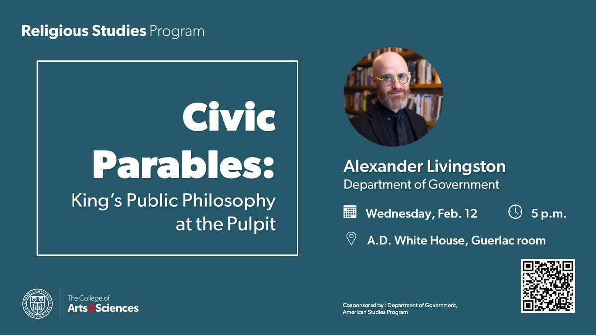 Join us tonight for "Civic Parables: King’s Public Philosophy at the Pulpit" 5 pm in AD White House with <a href="/cornellgov/">Cornell Government</a> prof Alexander Livingston @xlivingston.
<a href="/sochum/">Cornell Society for the Humanities</a> <a href="/CornellCAS/">CornellArts&Sciences</a>