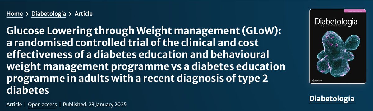 MRC Epidemiology Unit (@mrc_epid) on Twitter photo 🧵
The Glucose Lowering through Weight Management (GLoW) trial has been published in <a href="/DiabetologiaJnl/">Diabetologia</a>!
The study was led by researchers from <a href="/MRC_Epid/">MRC Epidemiology Unit</a> at <a href="/Cambridge_Uni/">Cambridge University</a>, <a href="/ScHARRpubhealth/">ScHARR Public Health</a> at <a href="/sheffielduni/">The University of Sheffield</a> and <a href="/UniversityLeeds/">University of Leeds</a>.
Read - buff.ly/3WTkwpu
(1/8) 🧵
The Glucose Lowering through Weight Management (GLoW) trial has been published in <a href="/DiabetologiaJnl/">Diabetologia</a>!
The study was led by researchers from <a href="/MRC_Epid/">MRC Epidemiology Unit</a> at <a href="/Cambridge_Uni/">Cambridge University</a>, <a href="/ScHARRpubhealth/">ScHARR Public Health</a> at <a href="/sheffielduni/">The University of Sheffield</a> and <a href="/UniversityLeeds/">University of Leeds</a>.
Read - buff.ly/3WTkwpu
(1/8)