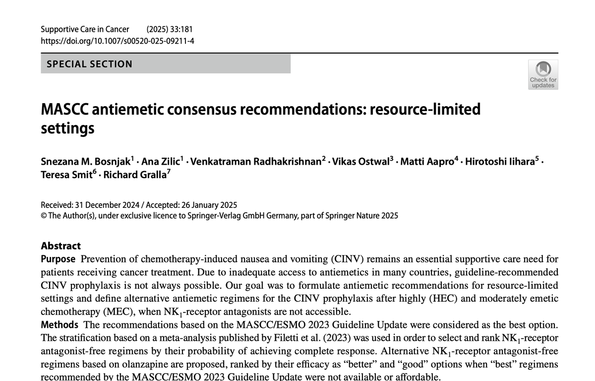 MASCC (@cancercaremascc) on Twitter photo Just published! MASCC Antiemetic Consensus Recommendations: Resource-Limited Settings
link.springer.com/article/10.100…
#SuppOnc #GlobOnc <a href="/OncoAlert/">OncoAlert</a> <a href="/MASCC_JSCC/">Supportive Care in Cancer: Springer Journal</a> <a href="/bosnjaksupport/">Dr Snezana Bosnjak</a> <a href="/Anchyly/">Ana Zilic</a> <a href="/VikasO/">Prof Vikas Ostwal</a> Just published! MASCC Antiemetic Consensus Recommendations: Resource-Limited Settings
link.springer.com/article/10.100…
#SuppOnc #GlobOnc <a href="/OncoAlert/">OncoAlert</a> <a href="/MASCC_JSCC/">Supportive Care in Cancer: Springer Journal</a> <a href="/bosnjaksupport/">Dr Snezana Bosnjak</a> <a href="/Anchyly/">Ana Zilic</a> <a href="/VikasO/">Prof Vikas Ostwal</a>