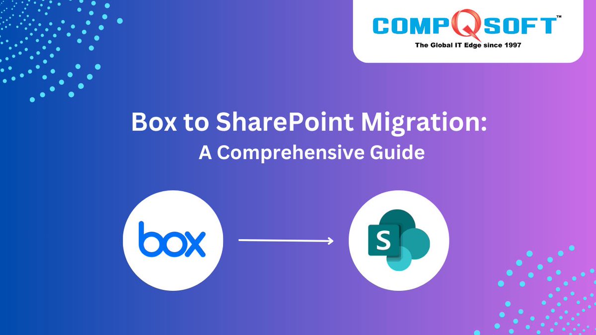 Compqsoft's tweet image. Thinking about making the switch from Box to SharePoint? 

Discover how migrating to SharePoint can enhance collaboration, improve security, and streamline document management for your organization. 

Read blog to learn more
buff.ly/3XnimPp 
#SharePoint #BoxMigration