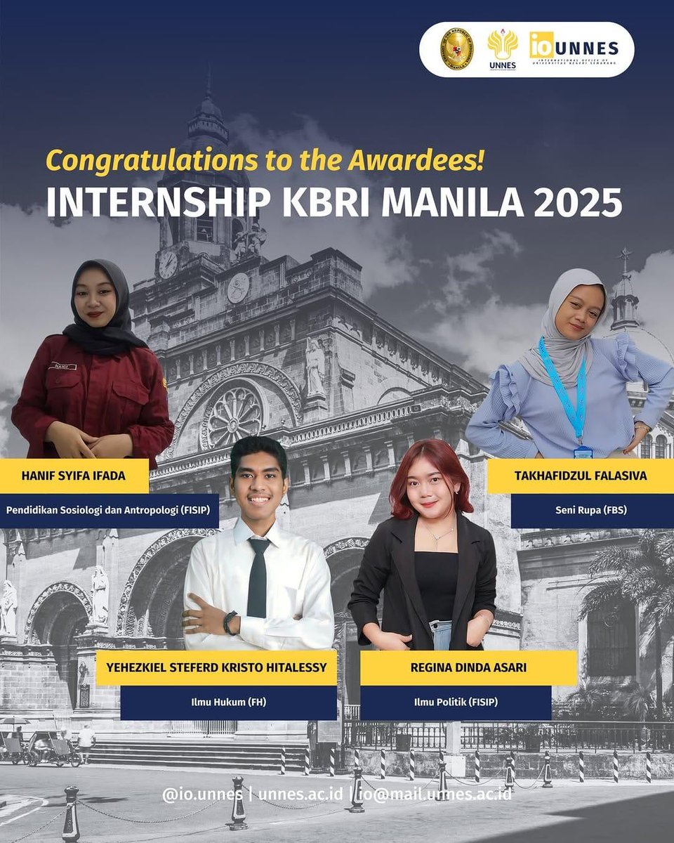 Mahasiswa FH UNNES Lolos Magang di KBRI Manila Filipina Tahun 2025. Congratulations to UNNES students for being accepted into the KBRI Manila Internship Program 2025! #fhunnesmenggema #fhunnesdigdaya #fhunnesberdaulat #zonaintegritas