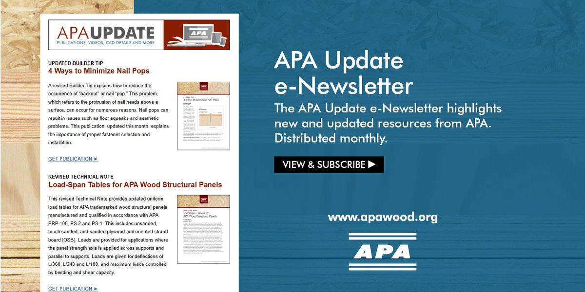 What’s new at APA? Sign up for our free monthly APA Update digital newsletter to stay up to date on new  APA resources. Sign up and view past issues here > apawood.ly/54TU50UXYuK

#EngineeredWood #MassTimber