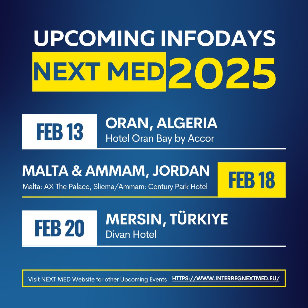 ascameorg's tweet photo. 📍 #ASCAMEprojects I Do not miss the upcoming @interregnextmed's Info sessions in different #Mediterranean countries for further information about the €83.7 million Call for #GreenTransition Projects.
🔎 Take a look at the calendar of the sessions! 👉 https://t.co/m7TMfs3HsU https://t.co/4Y3kG3MTIq
