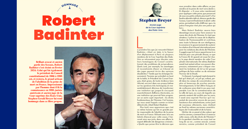 Conseil_constit's tweet photo. Il y a un an, Robert Badinter, qui fut président du Conseil constitutionnel de 1986 à 1995, nous quittait. Retrouvez l’hommage rendu par Stephen Breyer, ancien juge de la Cour suprême des États-Unis, dans le dernier rapport d’activité du Conseil :
➡️ https://t.co/YgvRsFlBwU https://t.co/uIfyOgqmPf