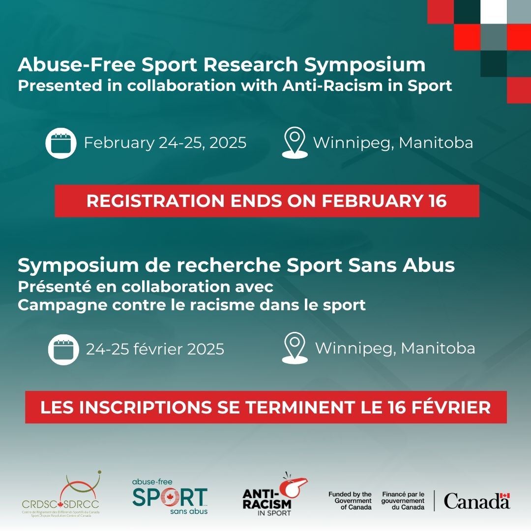 ‼️ Last chance to register for the Abuse-Free Sport Research Symposium!

You don’t want to miss this two-day event filled with a variety of discussions, networking and so much more. 👏

➡️ Registration ends on February 16: bit.ly/4fPN49U