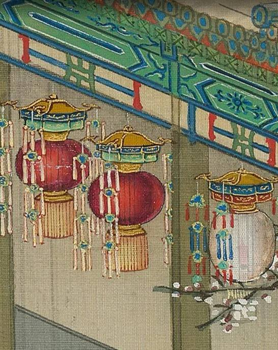 一些古画里的传统宫灯，始于东汉，盛于隋唐，由于长期为宫廷所用，除了照明以外，还要配上精细复杂的装饰，宫灯造型有八角形、六角形和四角形，各面画屏图案内容多为龙凤呈祥、福寿延年、吉祥如意等
图源自清代《胤禛十二月景行乐图》、《弘历岁朝行乐图》、《太簇始与图轴》