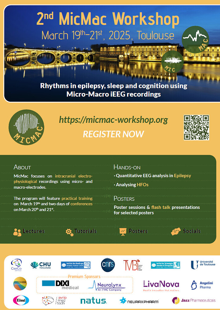brainstorm2day's tweet image. We're glad to participate in the 2nd edition of #MicMac, a workshop dedicated to intracranial electrophysiological recordings!
📷 When: March 19-21, 2025
📷 Where: Toulouse, France
4-hour hands-on training on sEEG analysis
micmac-workshop.org/program/