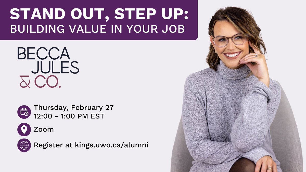 Want to stand out at work? Join Becca Jules, BA '14,  Founder of Becca Jules &amp; Co., for a free webinar on February 27 at noon (EST) that will cover how soft skills, proactive communication, and a growth mindset can help you make an impact. 
Register now: kings.uwo.ca/alumni/events-…