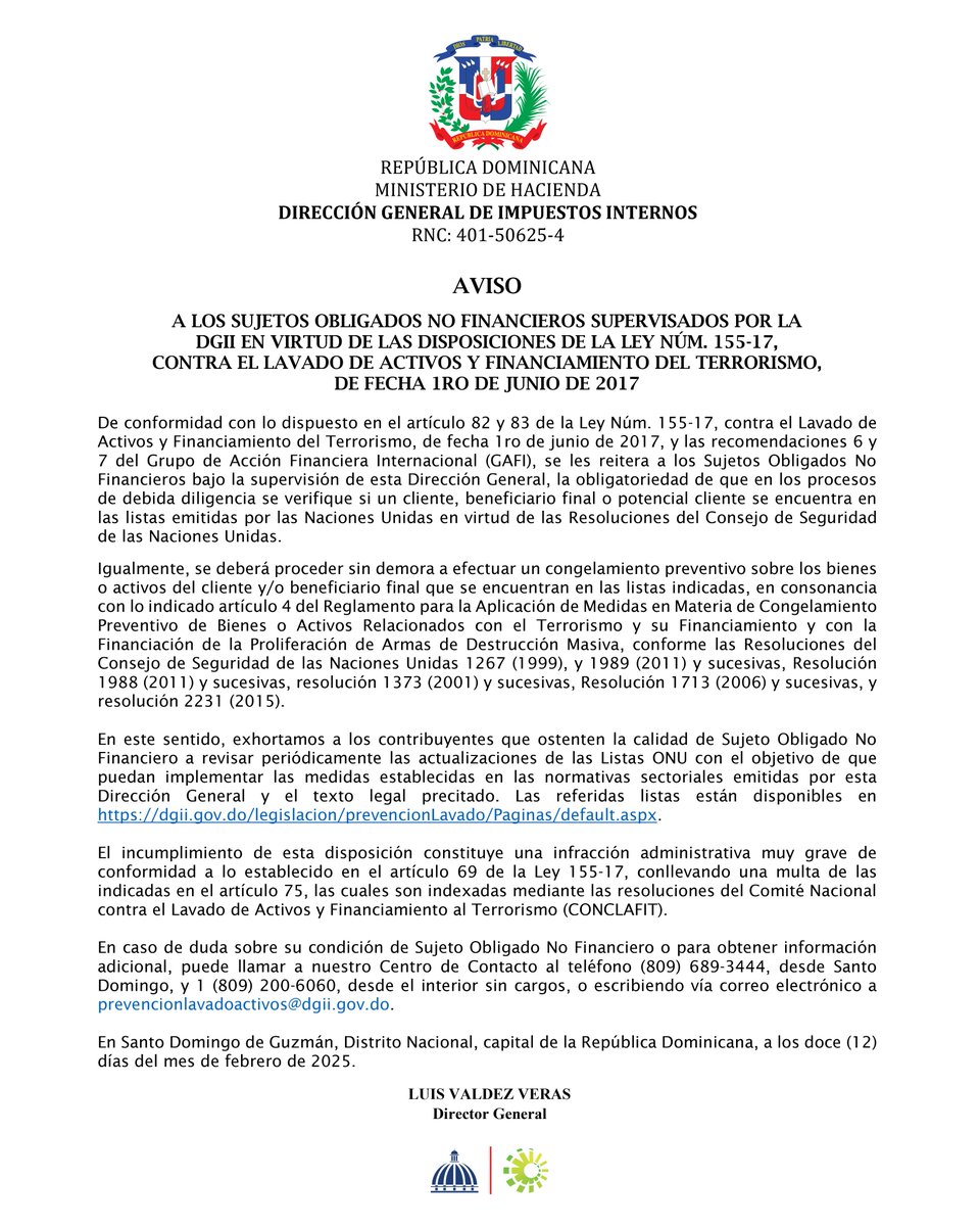 DGii's tweet image. #Aviso Ha sido publicado el Aviso 06-25: A los Sujetos Obligados No Financieros supervisados por la DGII en virtud de las disposiciones de la Ley núm. 155-17, contra el lavado de activos y financiamiento del terrorismo, de fecha 1ro de junio de 2017. 📃