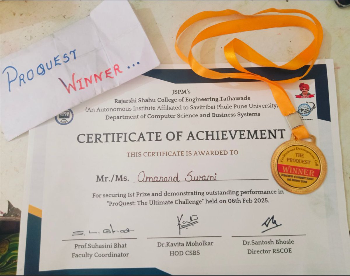 OmanandSwa2005's tweet image. 🚀𝐂𝐡𝐚𝐦𝐩𝐢𝐨𝐧𝐢𝐧𝐠 𝐄𝐱𝐜𝐞𝐥𝐥𝐞𝐧𝐜𝐞 𝐚𝐭 𝐏𝐫𝐨𝐐𝐮𝐞𝐬𝐭 𝟐𝟎𝟐𝟓! 🏆🎯
I am Super excited to share that I 𝐬𝐞𝐜𝐮𝐫𝐞𝐝 𝟏𝐬𝐭 𝐩𝐥𝐚𝐜𝐞 as WINNER 𝐢𝐧 𝐏𝐫𝐨𝐐𝐮𝐞𝐬𝐭:
The Ultimate Challenge at JSPM&apos;s Rajarshi Shahu College of Engineering!
#WINNERSTAYS #JSPM #2k25