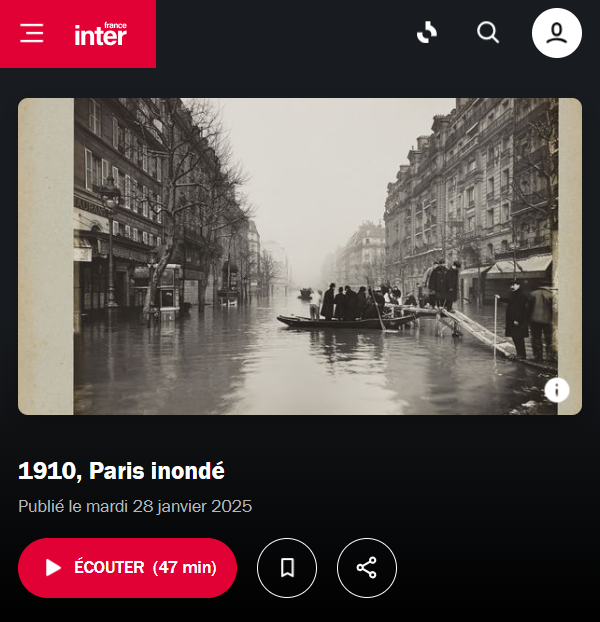 Quand l'histoire nous alerte : la mémoire des crues, un enjeu vital ! 🌊 
<a href="/franceinter/">France Inter</a> dans son podcast Affaires Sensibles revient sur la grande crue de 1910, cet épisode où Paris s’est transformée en Venise... mais sans les gondoles. radiofrance.fr/franceinter/po…
