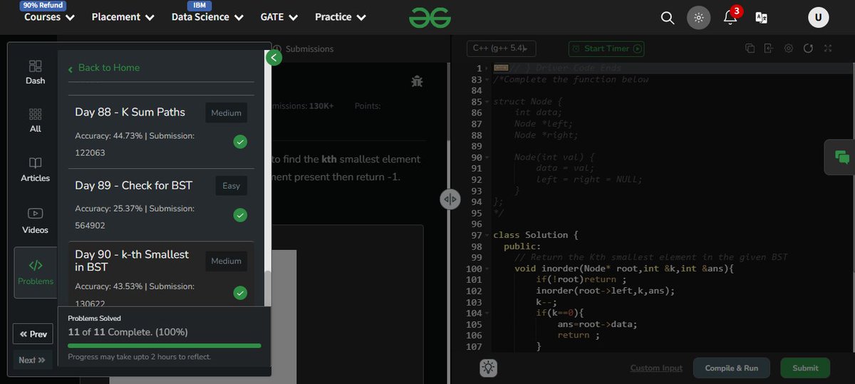 UdayIge's tweet image. #GfG160: 160 days of problem-solving! 🚀

✅ Day 90: k-th Smallest in BST done.

#geekstreakchallenge
#geekstreak2024 #gfg160

@geeksforgeeks