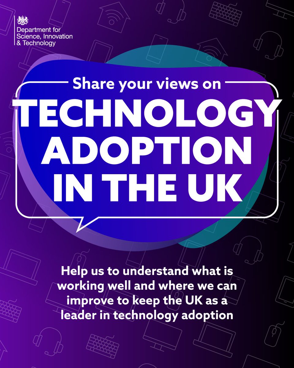 Department for Science, Innovation and Technology (@scitechgovuk) on Twitter photo There’s still time to have your say in our Technology Adoption Review ⏱️
Tell us your views on what’s working well and where we can improve to help businesses unlock the full benefits of tech adoption. There’s still time to have your say in our Technology Adoption Review ⏱️
Tell us your views on what’s working well and where we can improve to help businesses unlock the full benefits of tech adoption.