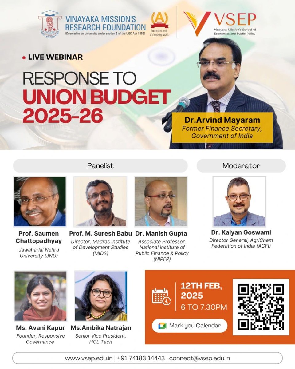 Foundation for Responsive Governance (ResGov) (@res_gov) on Twitter photo Catch <a href="/avani_kapur/">Avani Kapur</a> today at 6 PM, talking about the Union #Budget2025 as part of an online panel discussion organised by <a href="/vmrfdu/">VMRFDUSalem</a>.
How to join: scan the QR code in the poster. Catch <a href="/avani_kapur/">Avani Kapur</a> today at 6 PM, talking about the Union #Budget2025 as part of an online panel discussion organised by <a href="/vmrfdu/">VMRFDUSalem</a>.
How to join: scan the QR code in the poster.