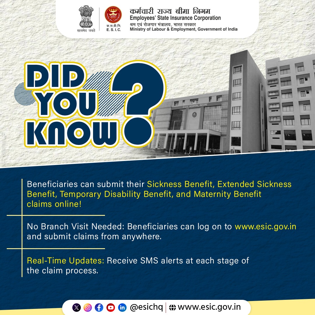 esichq's tweet image. Making your claims easier and more accessible! 🙌💻
 Skip the branch visit and submit your Sickness, Disability, and Maternity Benefits online at esic.gov.in. 
 Stay updated with real-time SMS alerts throughout the process.📲
 #ESIC #OnlineClaims #SimplifiedProcess