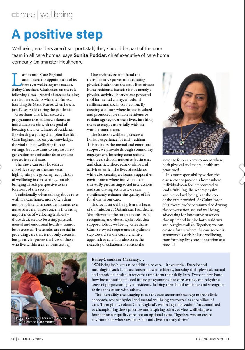 Wellbeing enablers should be seen as core team members as they play a crucial role in enhancing residents’ quality of life.

Integrating physical,mental, and emotional wellbeing into care is extremely important

More of my thoughts can be found on page 36 caring-times.co.uk/magazines/cari…