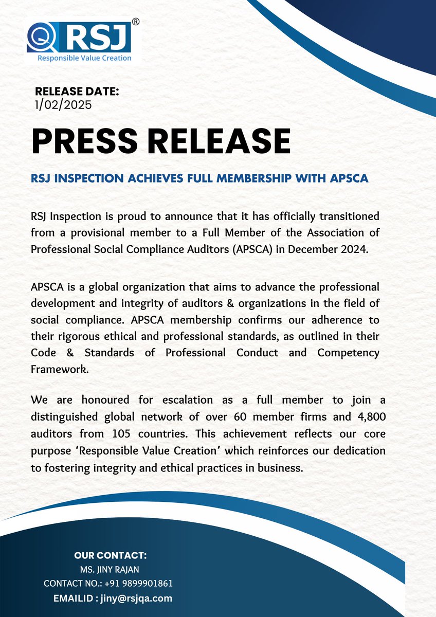 rsjinspection's tweet photo. 🎉 Proud Moment! RSJ Inspection® Achieves Full APSCA Membership!

We’re honored to receive Full Membership from APSCA, reinforcing our commitment to ethical auditing &amp; global social compliance.🎖️
Thank you to APSCA, our partners, &amp; team for your trust &amp; support! 💼🌍
#rsj #APSCA https://t.co/vlYnVlzYeN