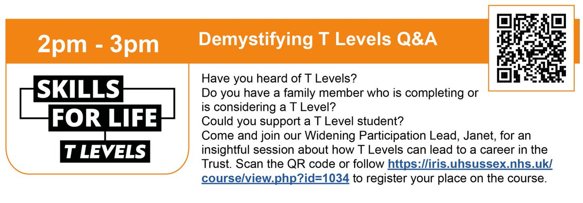 UHSussex Education and Apprenticeships (@uhsx_eduapps) on Twitter photo Are you interested in finding out more about T Levels? Do you know a school leaver who is interested in T Levels? Join our demystifying T Levels Q&A session on Thursday 13th 2pm-3pm.
Available for <a href="/UHSussex/">University Hospitals Sussex</a> staff to follow the link or scan the QR code to book your place today. Are you interested in finding out more about T Levels? Do you know a school leaver who is interested in T Levels? Join our demystifying T Levels Q&A session on Thursday 13th 2pm-3pm.
Available for <a href="/UHSussex/">University Hospitals Sussex</a> staff to follow the link or scan the QR code to book your place today.