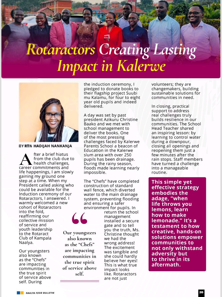 <a href="/HadijahMN/">Mukasa</a> shares that through the Subbi mu Kalamu project, <a href="/rctnaalya/">Rotaract Naalya #TheChefs 🍽</a> is empowering young minds with educational resources while tackling community challenges head-on. True service above self! #Rotary #ServiceAboveSelf #YouthLeadership #CommunityImpact #EducationForAll