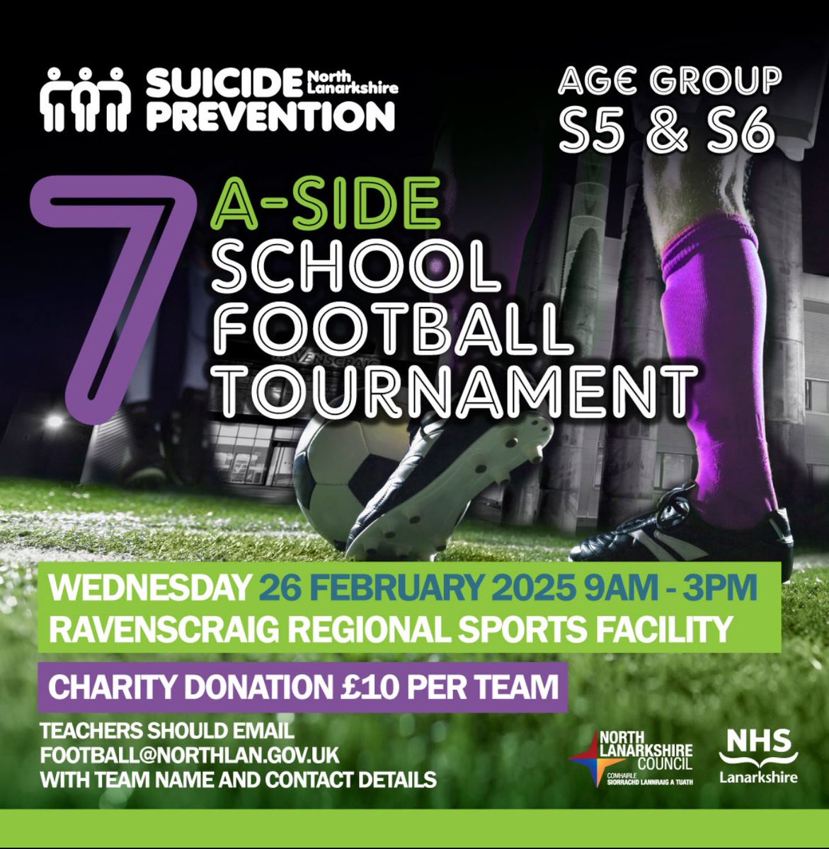 ActiveNLFBall's tweet image. Just two weeks until our S5/S6 Schools Suicide Prevention Tournament! 🤩
Have you registered your school yet? 🧐
Get in touch at football@northlan.gov.uk!