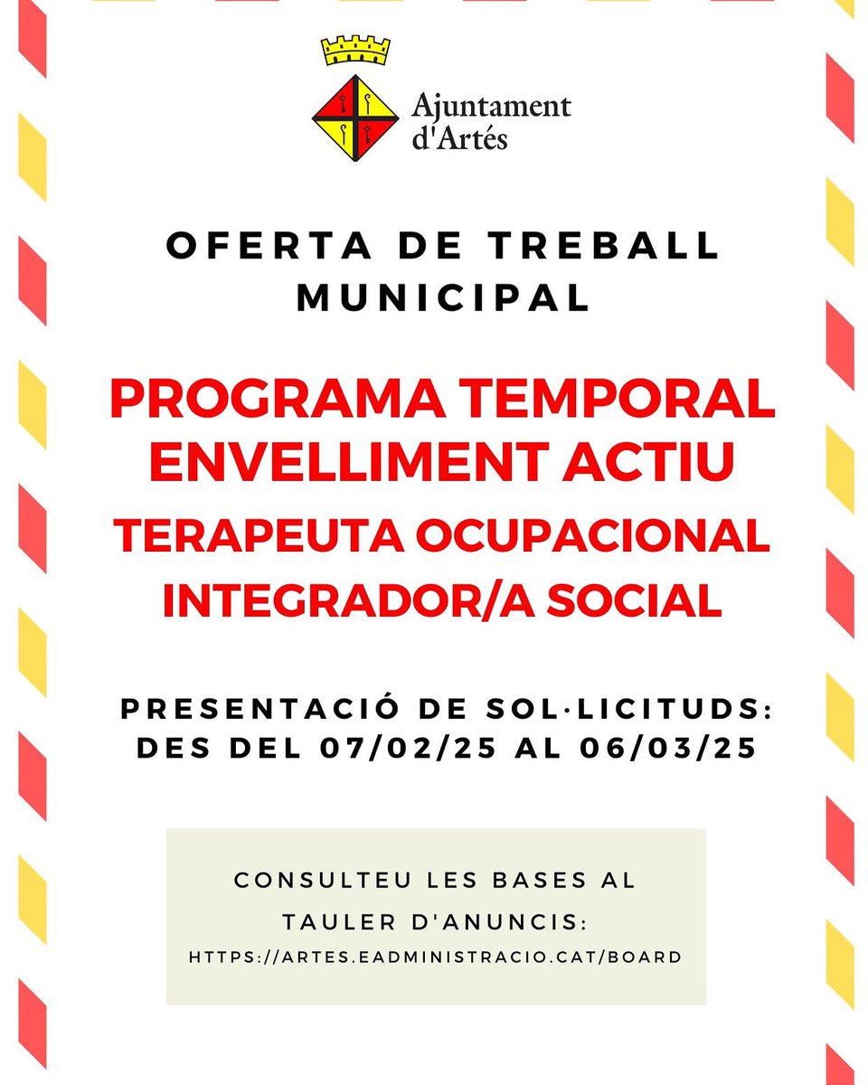 Obrim convocatòria per cobrir 2 llocs de treball, un de terapeuta ocupacional i un altre d’integrador/a social de gent gran, vinculats a un programa de treball temporal de 2 anys. 

Es poden presentar sol·licituds fins el dia 6 de març de 2025.