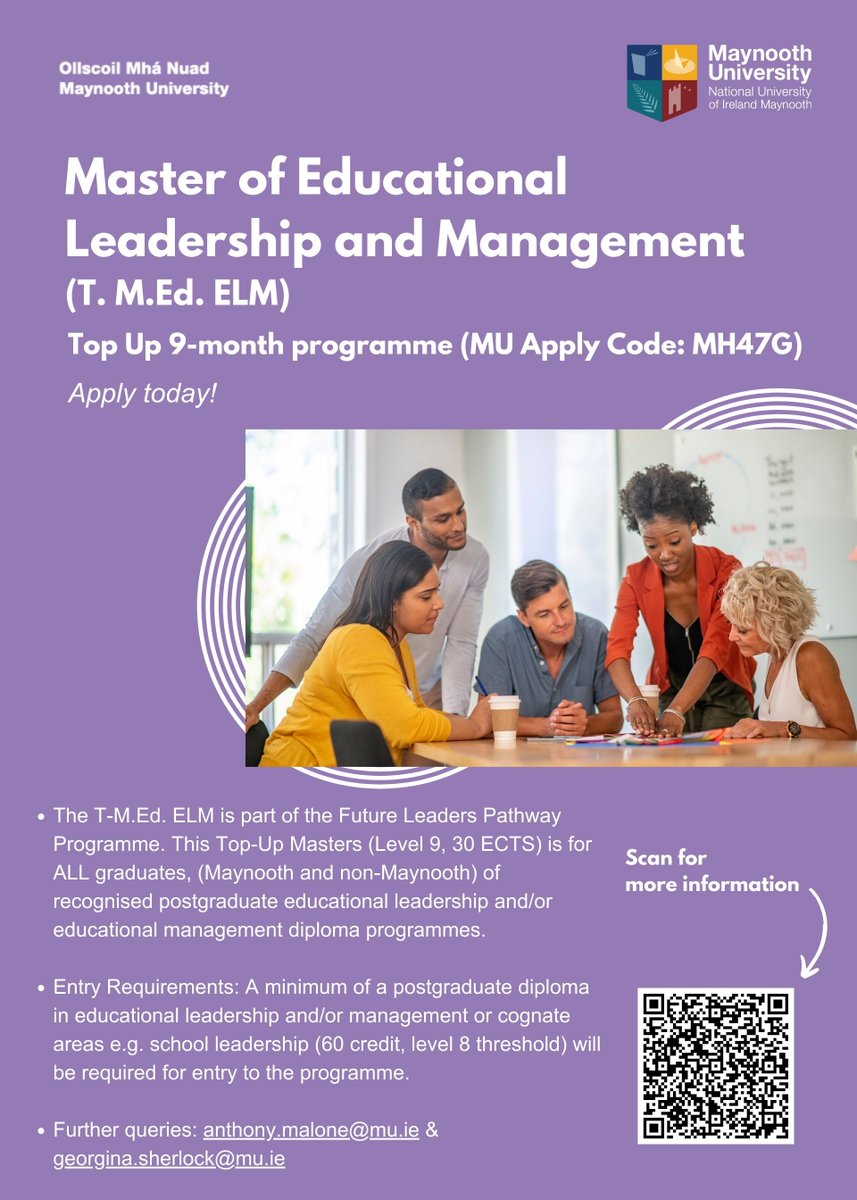 Are you a graduate of a recognised postgraduate diploma (60 credits) in educational leadership and/or management? Do you want to top this up to a Masters qualification? Then our 9-month top up Master of Educational Leadership and Management (T. M.Ed. ELM) programme, is for you.