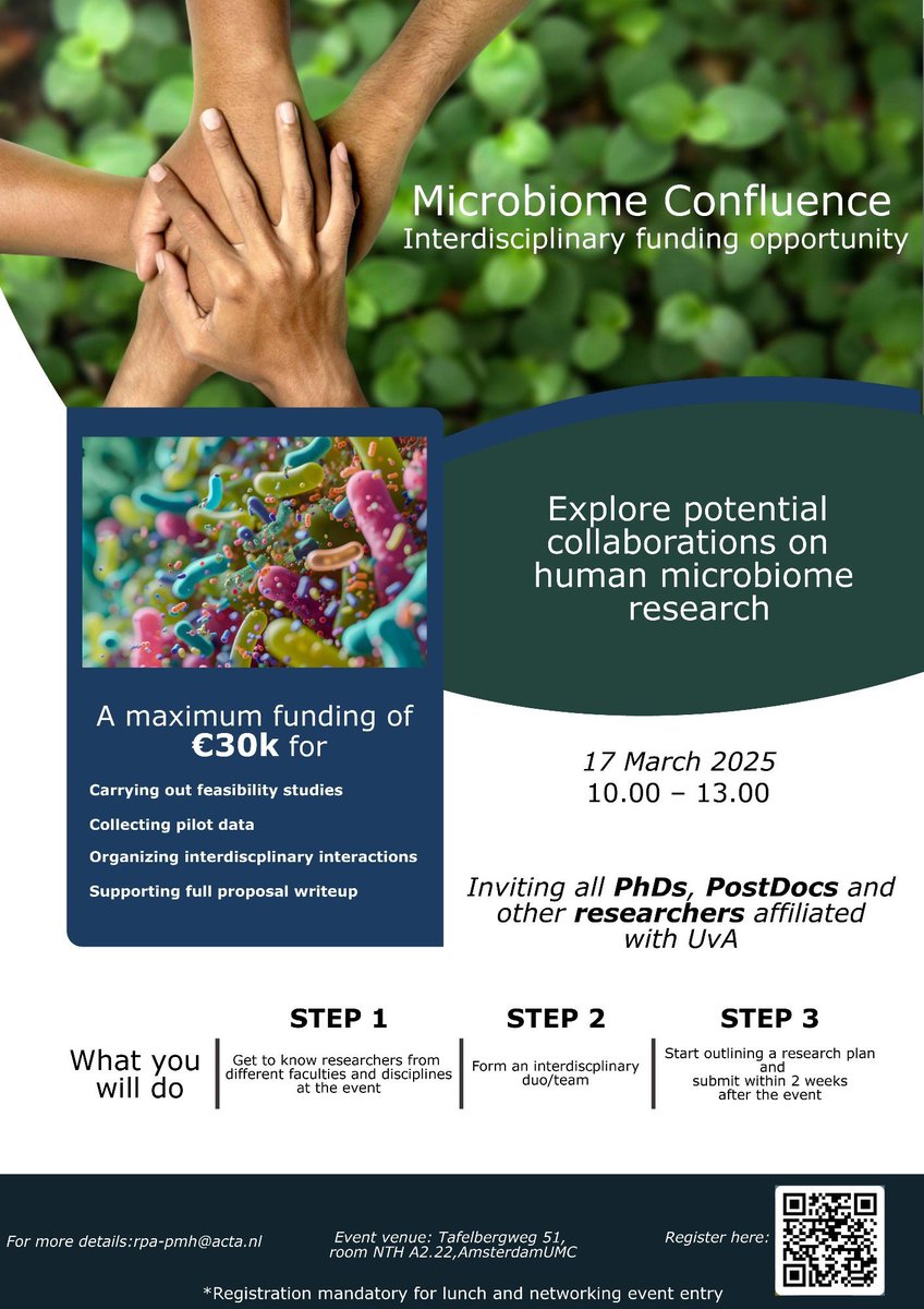 carla_f_rod's tweet photo. Microbiome Research | Interdisciplinary Funding Opportunity 📢

The University of Amsterdam (UvA) RPA ‘Personal Microbiome Health’ is organising a matchmaking event to connect researchers from different UvA faculties.

Join us on 17 March at Amsterdam UMC https://t.co/CiowybRN4V