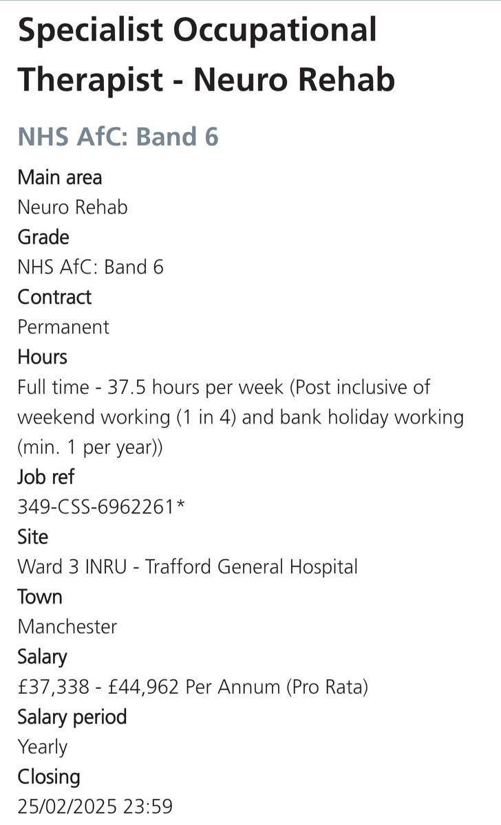 Come join our wonderful team here on INRU 🧠 if you're an innovative and passionate occupational therapist looking to expand your career in neuro rehab please apply and come join our MDT. Closing date 25/02/2025.  #neruorehab 
mft.nhs.uk/careers/search…