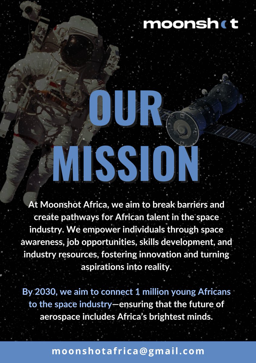🌍🚀 𝗔𝗳𝗿𝗶𝗰𝗮, 𝗶𝘁’𝘀 𝘁𝗶𝗺𝗲 𝘁𝗼 𝗹𝗶𝗳𝘁 𝗼𝗳𝗳!✨
The space industry isn’t just for astronauts—it’s for engineers, analysts, designers, coders, and dreamers like YOU! 
#MoonshotAfrica #CareersInSpace #TheFutureIsAfrican #NextGenLaunch #SpaceTech