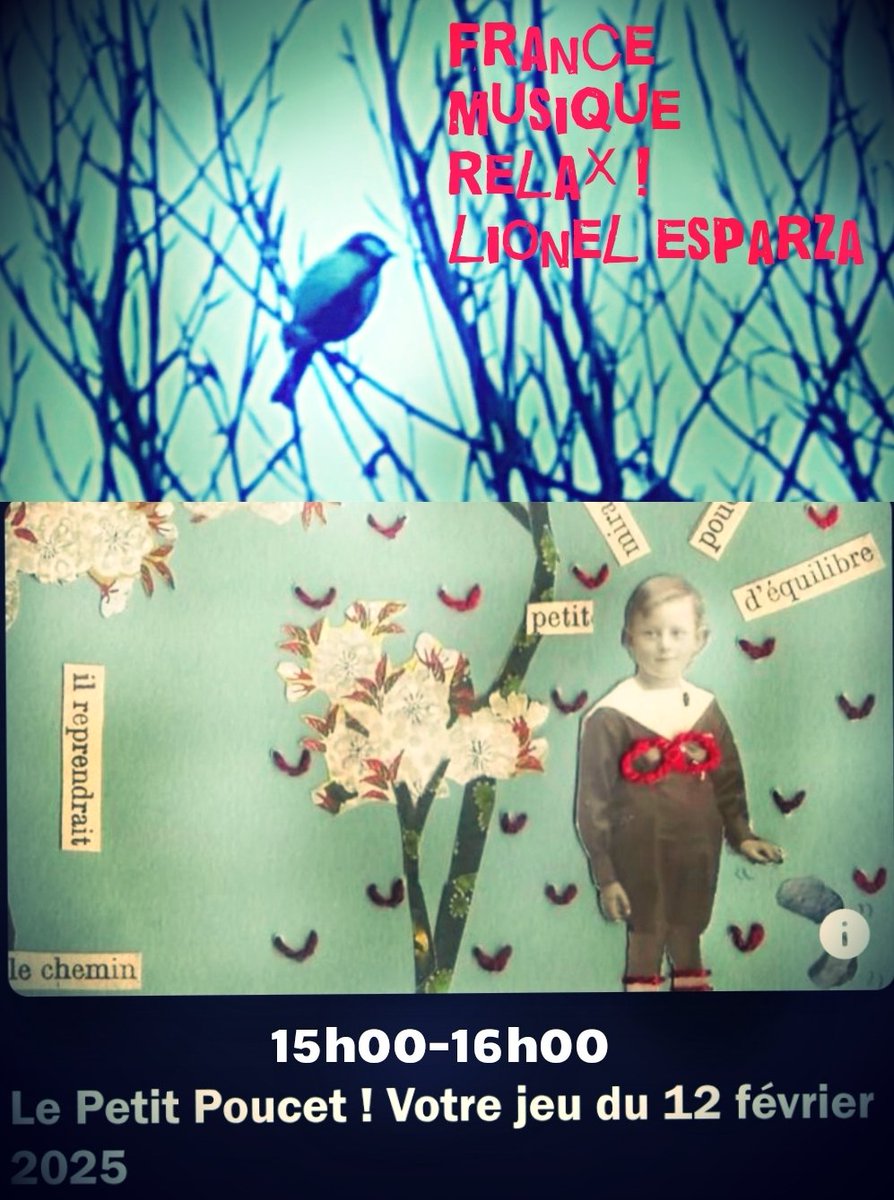 [Relax !] 15h00, <a href="/LionelEsparza/">Lionel Esparza 🇺🇦</a> via <a href="/francemusique/">France Musique</a>. Aujourd'hui, retrouvez votre jeu de piste du mercredi : "Le petit Poucet". Bonne écoute les amis !
.
<a href="/Antoine_Moreau_/">Antoine Moreau</a> <a href="/CNordans/">coline nordans</a>
<a href="/SchuurmanFrano2/">Schuurman François 🇺🇦</a> <a href="/C2L2CA/">Biou</a>
<a href="/greigburgoyne/">greig burgoyne</a> <a href="/LouisMonfor/">Louis Monfort</a>
<a href="/FlyingToToF/">Christophe MILIAN</a> <a href="/Cadetsandrine87/">Cadet</a>
<a href="/Laurentlenech/">Le Nech Laurent</a>
.