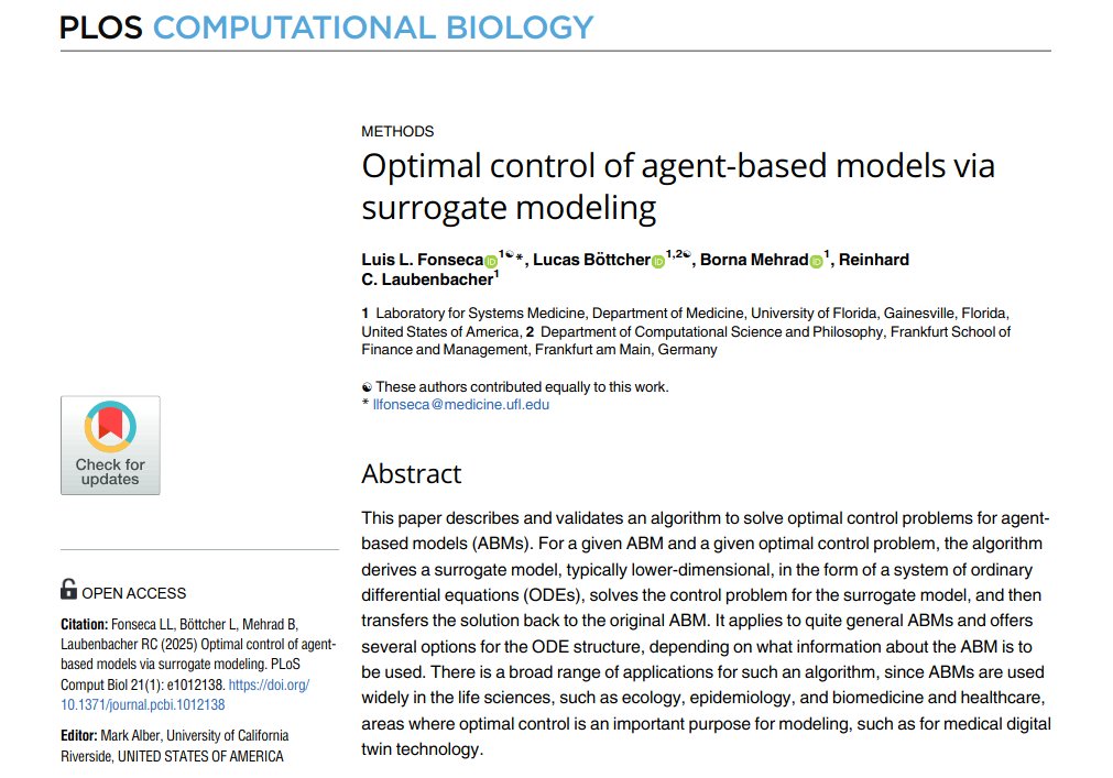 Lucas Böttcher 🇺🇦 (@lucasbottcher_) on Twitter photo In collaboration with <a href="/LabSysMedUF/">Laboratory for Systems Medicine UF</a>, we propose a method for controlling agent-based models using surrogate models: journals.plos.org/ploscompbiol/a… Our goal is to apply these techniques to the medical digital twin systems we are developing. In collaboration with <a href="/LabSysMedUF/">Laboratory for Systems Medicine UF</a>, we propose a method for controlling agent-based models using surrogate models: journals.plos.org/ploscompbiol/a… Our goal is to apply these techniques to the medical digital twin systems we are developing.