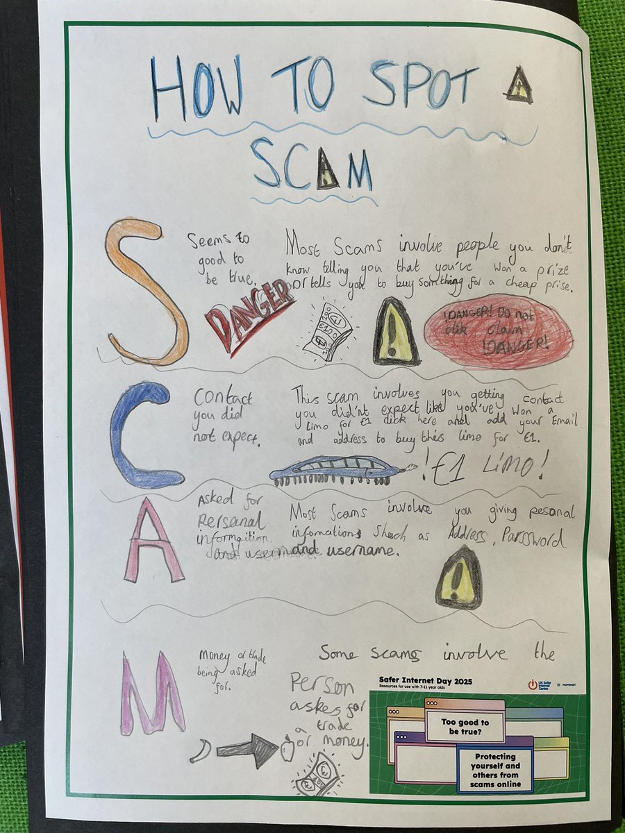 Our Digital Leaders explained what a scam is and how to stay safe if you see a scam online. Y4 have also been learning about scams as part of their curriculum. #SaferInternetDay
