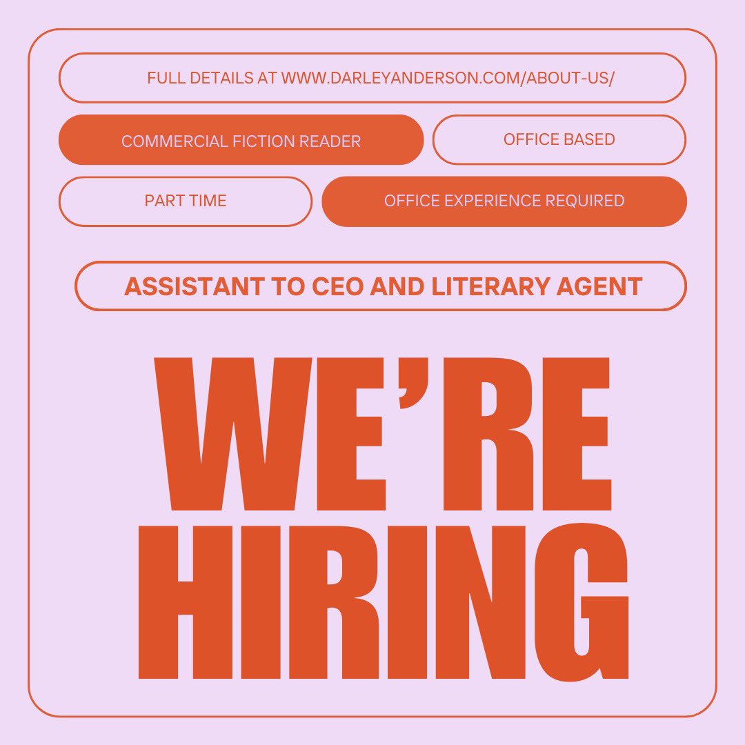 Rebeka Finch✨ (@beka_finch) on Twitter photo 🚨 we’re hiring a new assistant <a href="/DA_Agency/">Darley Anderson Agency</a>! Looking for a start in publishing? Send your CV, cover letter and the last 2 books you’ve read and why you loved (or hated them) to rebeka@darleyanderson.com!
#publishing #jobsinbooks #jobsinpublishing 🚨 we’re hiring a new assistant <a href="/DA_Agency/">Darley Anderson Agency</a>! Looking for a start in publishing? Send your CV, cover letter and the last 2 books you’ve read and why you loved (or hated them) to rebeka@darleyanderson.com!
#publishing #jobsinbooks #jobsinpublishing