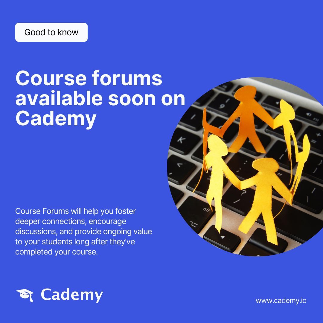 cademy__'s tweet image. 👉 Good to know: Cademy&apos;s course forums are launching soon. It will make teaching easier and help you build a stronger connection with your students. Stay tuned for updates! 🚀
#Education #CourseForums #CommunityBuilding #TeachingMadeEasy #Cademy