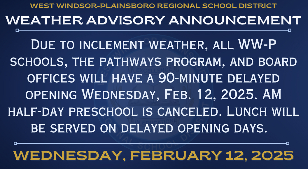 Due to inclement weather, all #WWP schools, the Pathways Program, and board offices will have a 90-minute delayed opening Feb. 12, 2025. AM half-day preschool is canceled. Lunch will be served on delayed opening days. Complete listing of start times here➡️ bit.ly/3Sm1giv