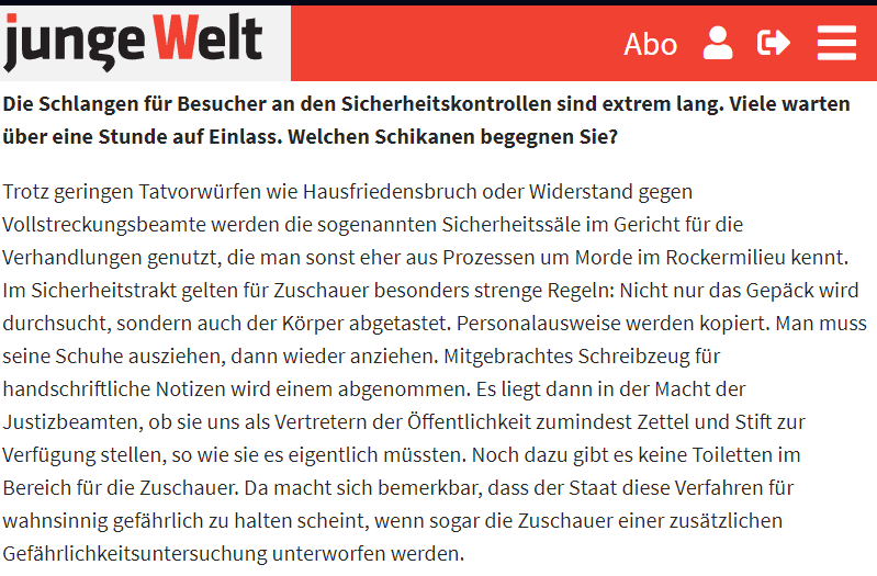 Die solidarische Prozessbeobachterin Hannah Rainer beschreibt gegenüber <a href="/AnnuschkaZ/">Annuschka Zak</a> die üblichen Schikanen bei Prozessen mit #Palästina-Bezug.