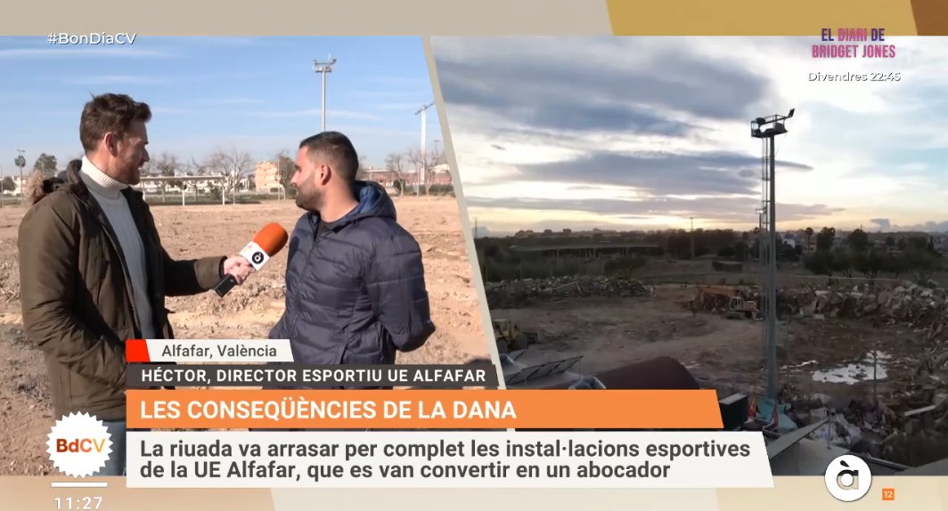 La riuada va arrasar per complet les instal·lacions esportives de la <a href="/UDBAlfafar/">U.D.B Alfafar</a>, que es van convertir en un abocador. L'Ajuntament s'ha compromés a refer les instal·lacions esportives, però fins aleshores, els jugadors s'entrenen en altres instal·lacions.
<a href="/apunt_media/">À Punt</a>