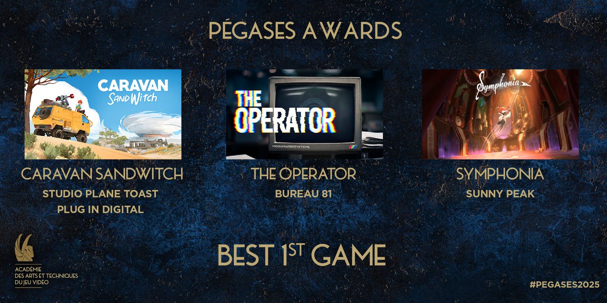 Académie des Arts et Techniques du Jeu Vidéo (@academiejv) on Twitter photo The nominees for the Best First Video Game Award 🎮
Discover the games in this category, which recognizes the quality of a 1st video game:
• Caravan SandWitch – <a href="/planetoastdev/">PlaneToast✈️🍞</a> / <a href="/plugindigital/">Plug In Digital</a>
• The Operator – <a href="/bureau81_games/">Bureau 81 | The Operator</a>
• SYMPHONIA – Sunny Peak The nominees for the Best First Video Game Award 🎮
Discover the games in this category, which recognizes the quality of a 1st video game:
• Caravan SandWitch – <a href="/planetoastdev/">PlaneToast✈️🍞</a> / <a href="/plugindigital/">Plug In Digital</a>
• The Operator – <a href="/bureau81_games/">Bureau 81 | The Operator</a>
• SYMPHONIA – Sunny Peak