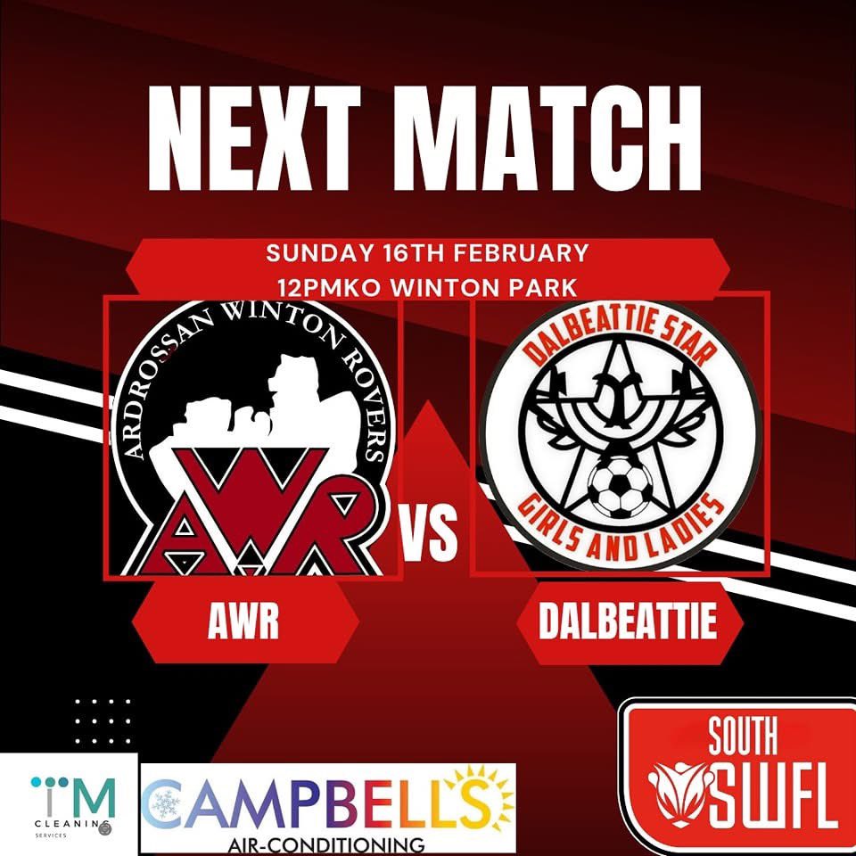 Next up, we welcome Dalbeattie star to Winton Park this Sunday in the SWFL South league! Kick-off is at 12pm. All support is welcome, so come along and cheer the team on! ⚫️⚪️🔴 #Monthewinton