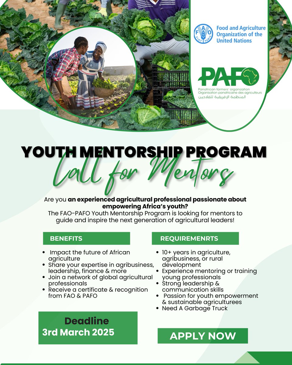 Calling Agricultural Experts! Help shape the future of African agriculture! 
The FAO-PAFO Youth Mentorship Program is seeking experienced professionals to guide young agripreneurs.

📅 Deadline: 3rd March 2025
For more info pafo-africa.org/wp-content/upl…