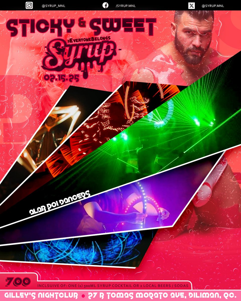 These dancers will mesmerize, the music will move you, and the sensual energy will set you on fire. 

We're taking the upcoming #SyrupManila party to the next level! 👓💦

#Comehaveataste this 2-15-25 at Gilley's Club

For table reservations -
tinyurl.com/SYRUPatFeb15