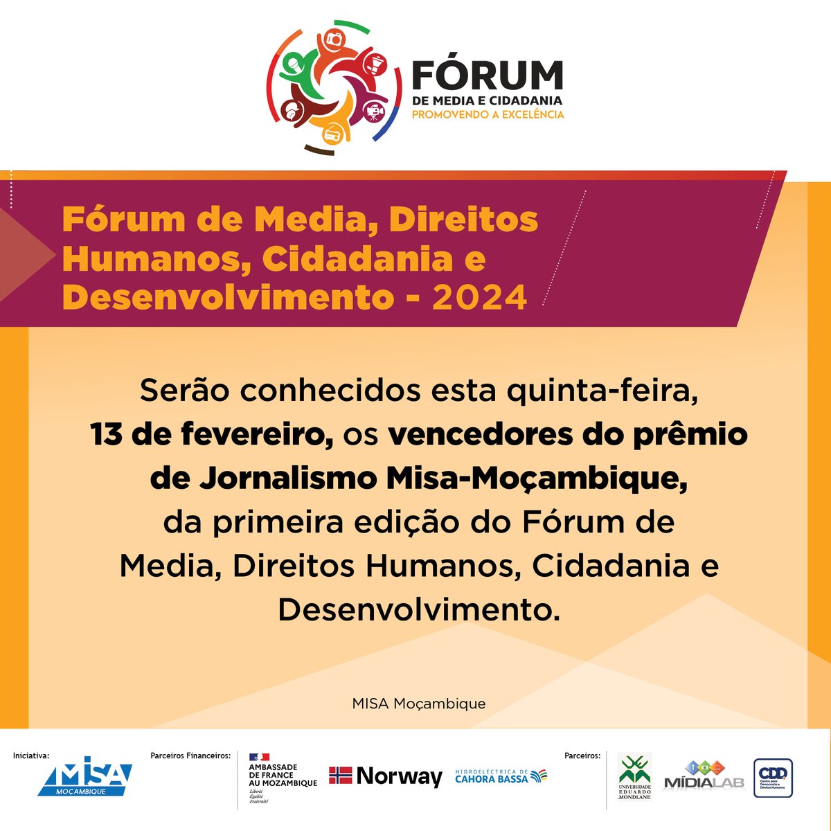 Fórum de Media, Direitos Humanos, Cidadania e Desenvolvimento 2024
 
Não perca! Amanha, a partir das 15h. Acompanhe em directo no Facebook do Misa-Moçambique 
hashtag#JornalismoDeImpacto hashtag#MisaMoçambique hashtag#ForumDeMedia hashtag#DireitosHumanos hashtag#Cidadania