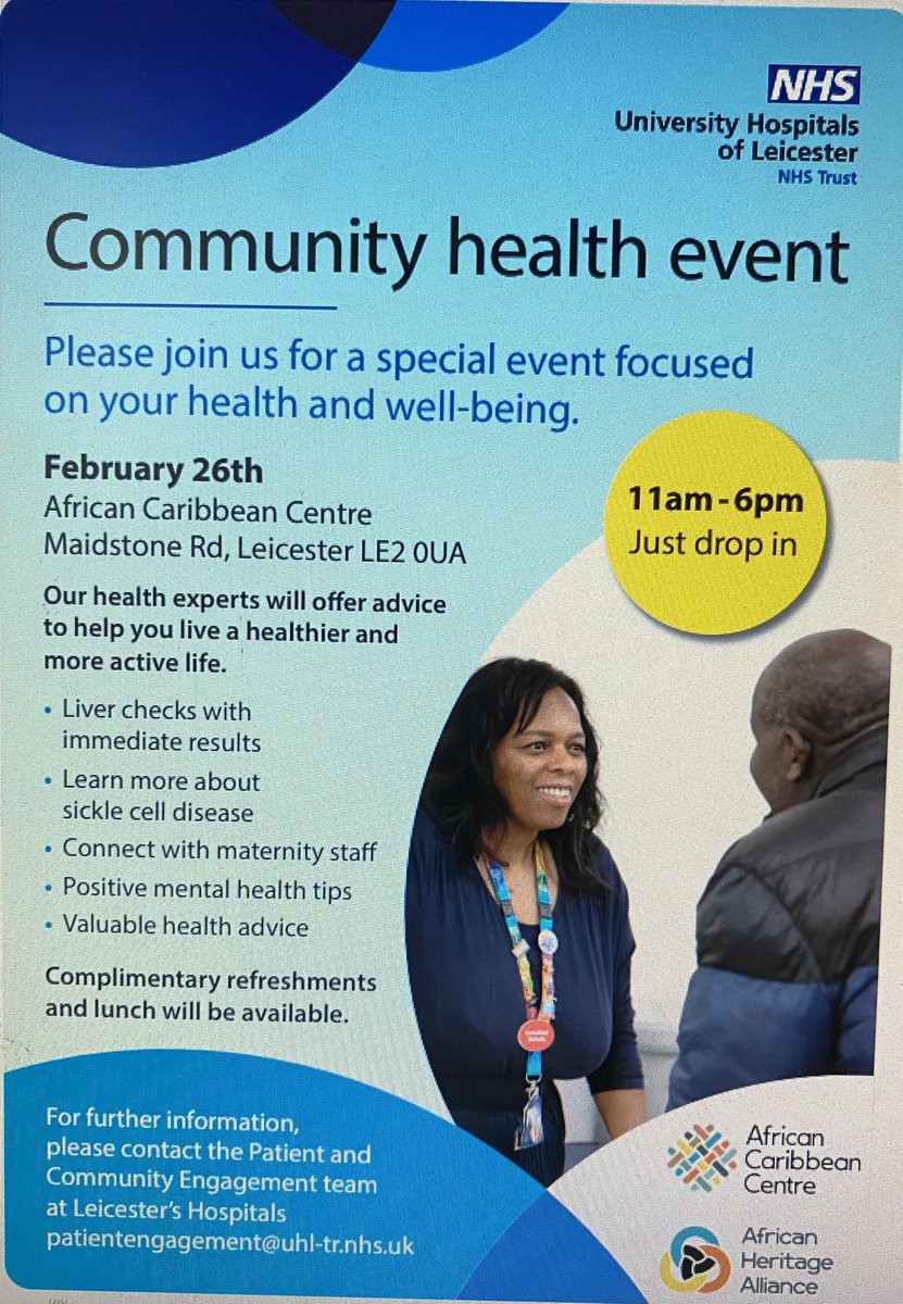 Community health event at the African Caribbean Centre, 26th Feb. Health checks, various support and advice available. #Leicester <a href="/LPTpatientexp/">@LPTpatientexp</a> <a href="/LPTnhs/">Leicestershire Partnership NHS Trust</a> <a href="/LPTarts/">Lydia and Tim</a> <a href="/RecoveryCollege/">Leicestershire Recovery College</a>