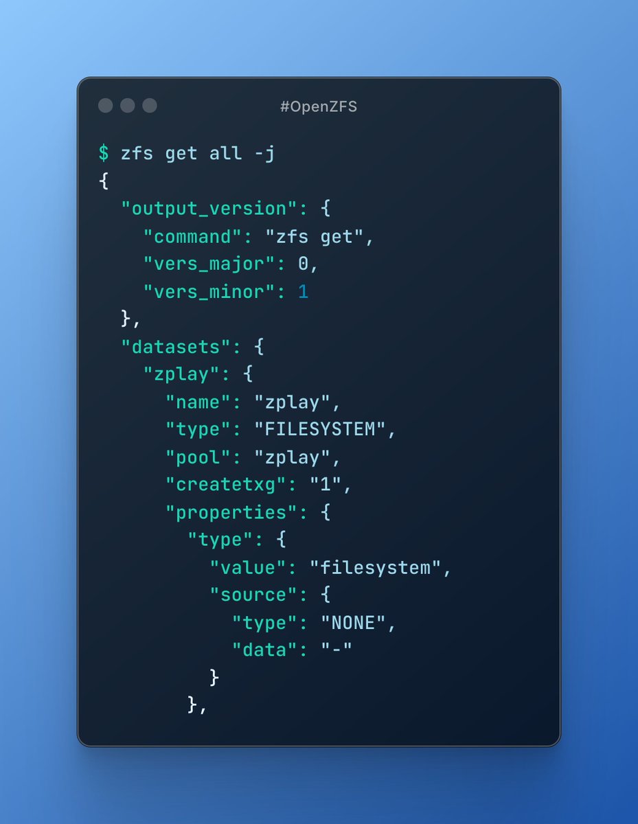 oshogbovx's tweet image. #OpenZFS now supports JSON output for many commands - making parsing cleaner, easier, and more powerful than ever.

github.com/openzfs/zfs/co…