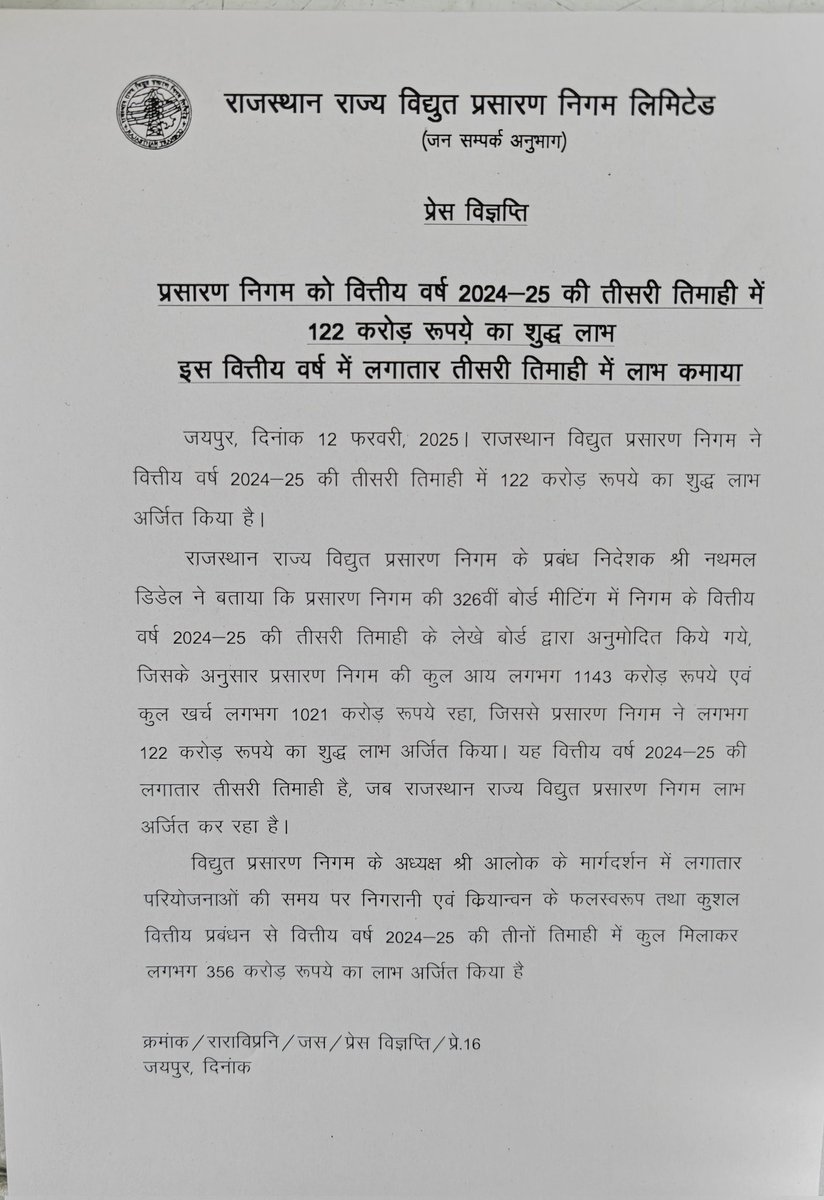 RRVPNL2000's tweet photo. प्रसारण निगम को वित्तीय वर्ष 2024-25 की तीसरी तिमाही में  122 करोड़ रूपये़ का शुद्व लाभ।    इस वित्तीय वर्ष में लगातार तीसरी तिमाही में लाभ कमाया । https://t.co/SzQP6VwydE