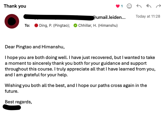 Pingtao Ding (he/him) (@sardineboy_ding) on Twitter photo #teaching #rewarding
An e-mail that came in today made my day!
It's been three years of teaching since I started <a href="/LeidenBiology/">LeidenBiology</a> <a href="/UniLeiden/">Universiteit Leiden</a>
With the help from my teaching mentor <a href="/ClaessenLAB/">The Claessen Lab</a> & support from my colleagues <a href="/HandeWinde/">Han de Winde @handewinde.bsky.social</a> <a href="/ChaoDu/">Du Chao</a> & many #TAs <a href="/HimanshuChhill3/">Himanshu Chhillar</a>, I have #teaching #rewarding
An e-mail that came in today made my day!
It's been three years of teaching since I started <a href="/LeidenBiology/">LeidenBiology</a> <a href="/UniLeiden/">Universiteit Leiden</a>
With the help from my teaching mentor <a href="/ClaessenLAB/">The Claessen Lab</a> & support from my colleagues <a href="/HandeWinde/">Han de Winde @handewinde.bsky.social</a> <a href="/ChaoDu/">Du Chao</a> & many #TAs <a href="/HimanshuChhill3/">Himanshu Chhillar</a>, I have