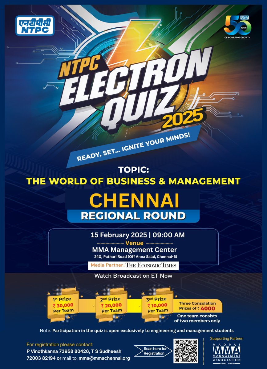 airnews_kannada's tweet image. Get ready for the Battle of Brains! @ntpclimited presents NTPC Electron Quiz 2025 (Regional Round) in Chennai!
Date: 15 Feb 2025
Theme: "The World of Business &amp;amp; Management"
For more information visit ntpc.co.in
 #NTPCElectronQuiz  #BusinessQuiz